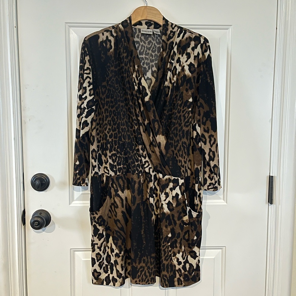Chicos Faux Wrap Dress Leopard Animal Print  Jersey Stretch size 3